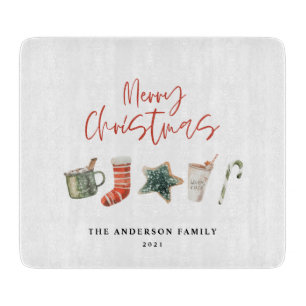 Watercolor Christmas cookie drinks candy cane  Cutting Board