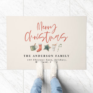 Watercolor Christmas cookie drinks candy cane Doormat