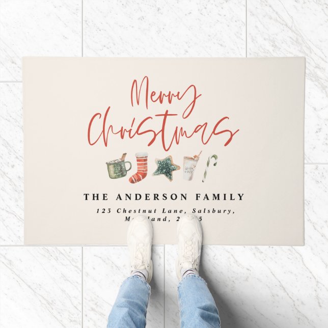 Watercolor Christmas cookie drinks candy cane  Doormat (Indoor)