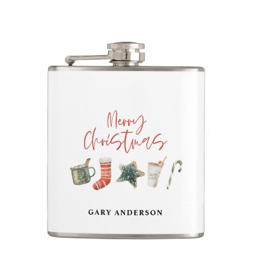 Watercolor Christmas cookie drinks candy cane Flask