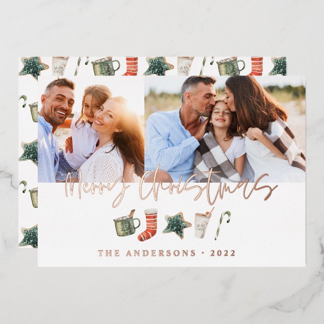 Watercolor Christmas cookie drinks candy cane Foil Holiday Card (Front/Back)
