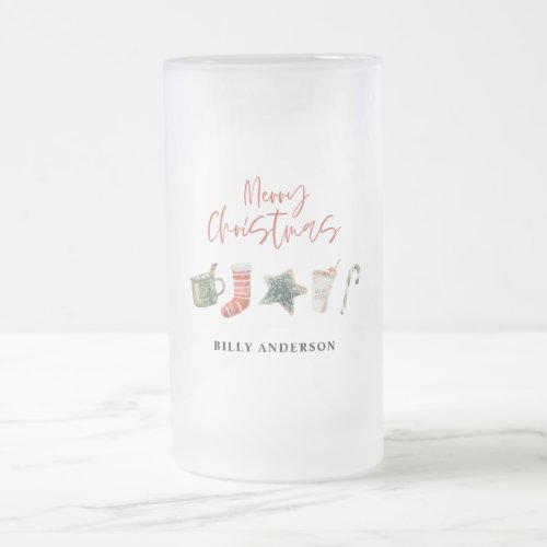 Watercolor Christmas cookie drinks candy cane  Frosted Glass Beer Mug