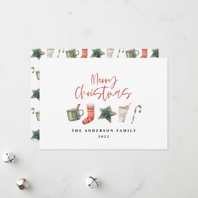 Watercolor Christmas cookie drinks candy cane Holi Holiday Card (Front/Back In Situ)