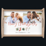 Watercolor Christmas cookie drinks candy cane Holi Serving Tray<br><div class="desc">A fun festive design featuring watercolor winter favourites - hot chocolate,  candy cane,  stocking. Merry Christmas in contemporary script font,  perfect to celebrate the holiday season. Can be edited,  part of a collection.</div>