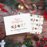 Watercolor Christmas cookie drinks candy cane Holiday Card<br><div class="desc">A fun festive design featuring watercolor winter favourites - hot chocolate,  candy cane,  stocking. Merry Christmas in contemporary script font,  perfect to celebrate the holiday season. Can be edited,  part of a collection.</div>