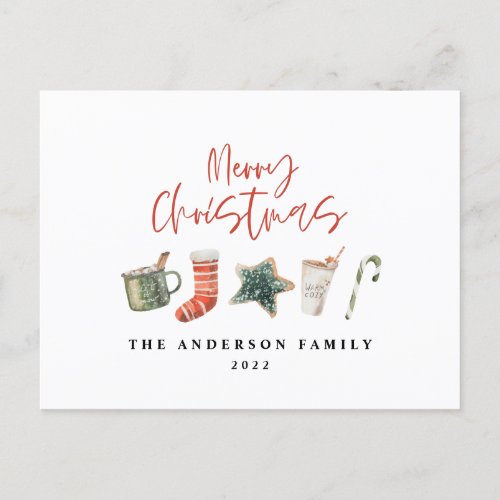 Watercolor Christmas cookie drinks candy cane  Holiday Postcard