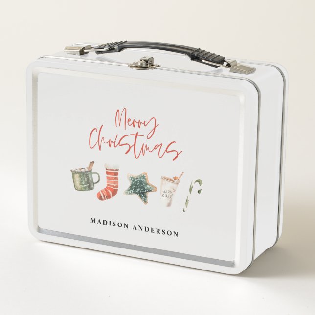 Watercolor Christmas cookie drinks candy cane  Metal Lunch Box (Front)