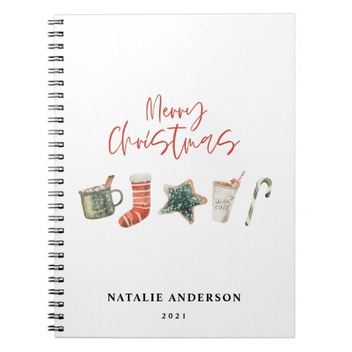 Watercolor Christmas cookie drinks candy cane Notebook