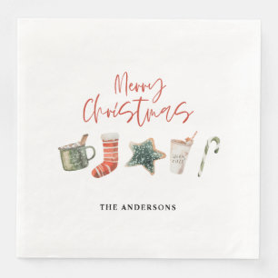 Watercolor Christmas cookie drinks candy cane  Paper Dinner Napkins