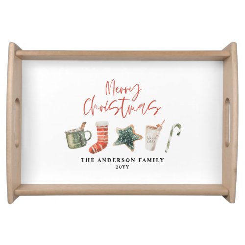 Watercolor Christmas cookie drinks candy cane  Serving Tray