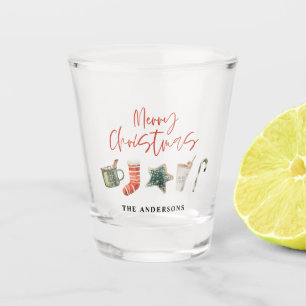 Watercolor Christmas cookie drinks candy cane Shot Glass