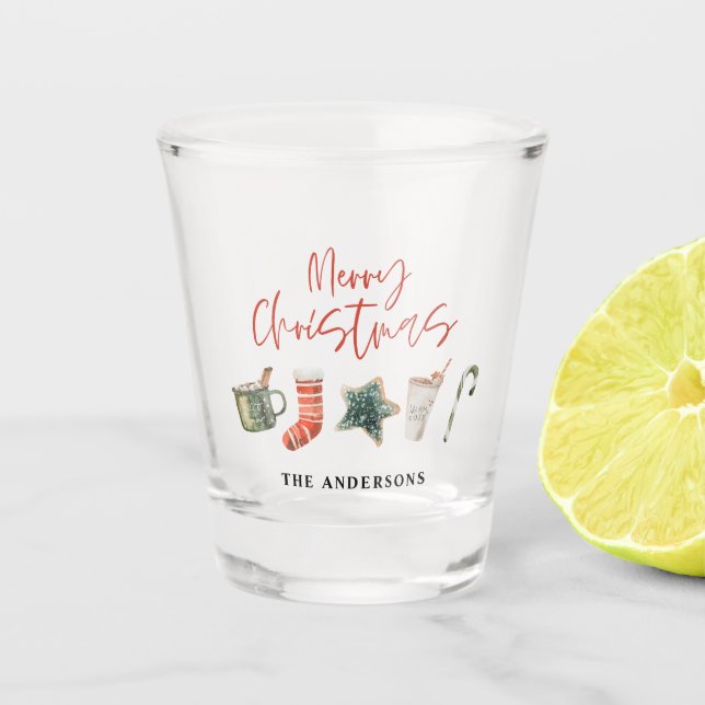 Watercolor Christmas cookie drinks candy cane  Shot Glass (Front)