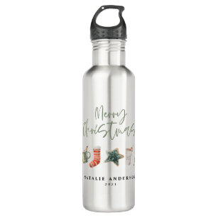 Watercolor Christmas cookie drinks candy cane Stainless Steel Water Bottle