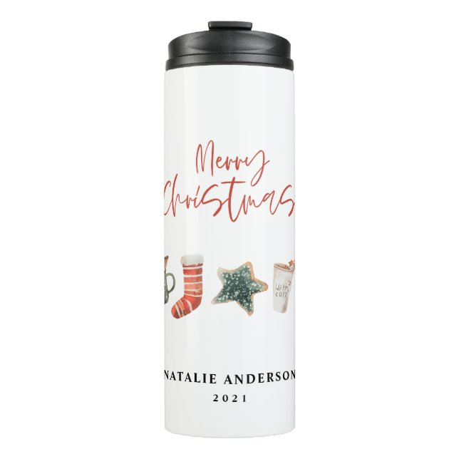 Watercolor Christmas cookie drinks candy cane Thermal Tumbler (Front)