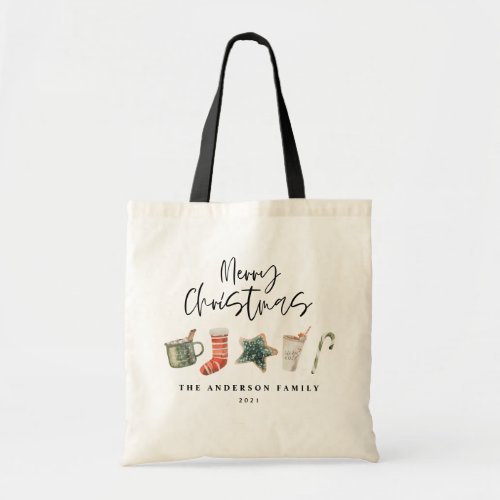 Watercolor Christmas cookie drinks candy cane Tote