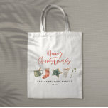 Watercolor Christmas cookie drinks candy cane Tote Bag<br><div class="desc">A fun festive mug design featuring watercolor winter favourites - hot chocolate,  candy cane,  stocking. Merry Christmas in contemporary script font,  perfect to celebrate the holiday season. can be edited,  part of a collection.</div>