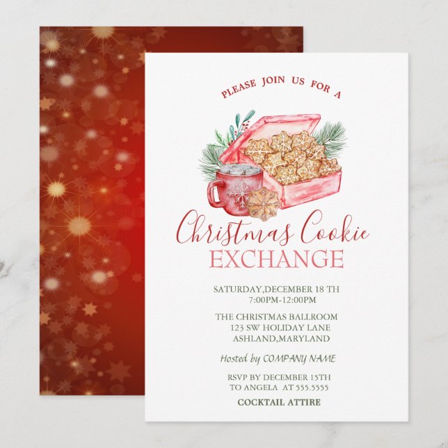 Watercolor Christmas Cookie Stars Red Christmas Invitation (Front/Back)