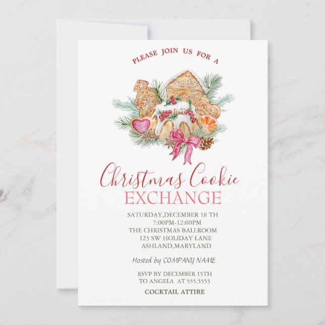 Watercolor Christmas Cookies Stars Green Christmas Invitation (Front)