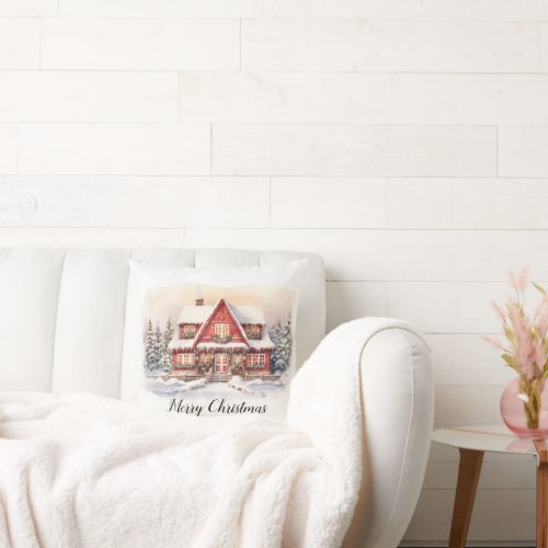 Watercolor Christmas Cottage  Throw Pillow