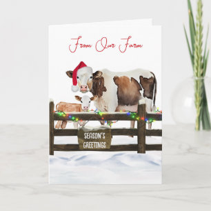 Watercolor Christmas Cows With Santa Hat Holiday Card