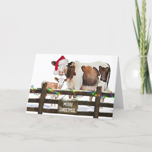 Watercolor Christmas Cows With Santa Hat Holiday Card