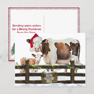 Watercolor Christmas Cows With Santa Hat Holiday Postcard