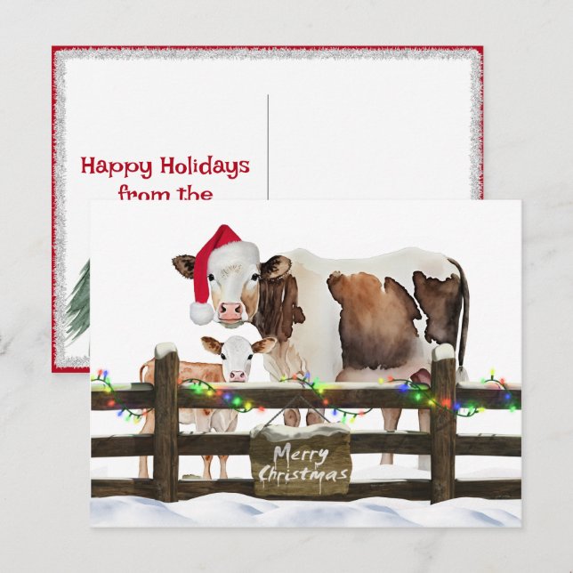 Watercolor Christmas Cows With Santa Hat Holiday Postcard (Front/Back)