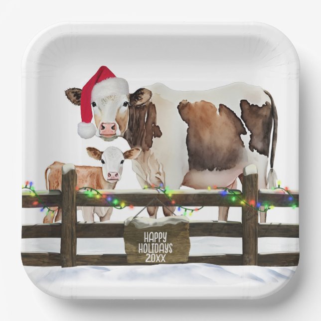 Watercolor Christmas Cows With Santa Hat Paper Plates (Front)