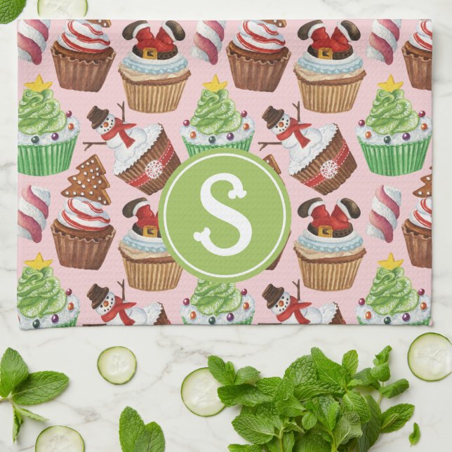 Watercolor Christmas Cupcakes Monogram Kitchen Towel (Folded)