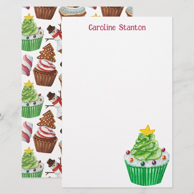 Watercolor Christmas Cupcakes Personalized Stationery (Front/Back)
