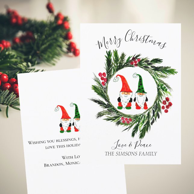 Watercolor Christmas Cute Gnomes Wreath Holiday Card (Creator Uploaded)