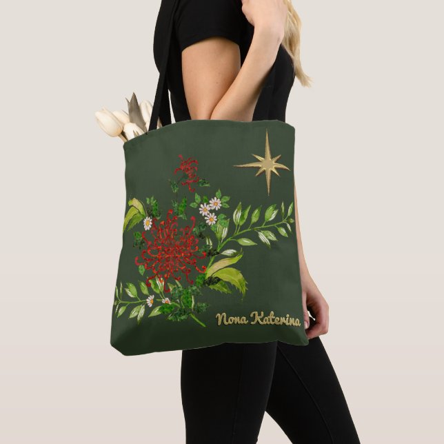 Watercolor Christmas Daisies Personalized Tote Bag (Close Up)