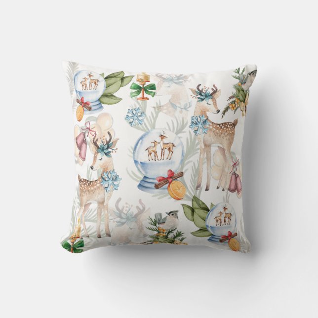 Watercolor Christmas Deer and Winter Bird Throw Pillow (Front)