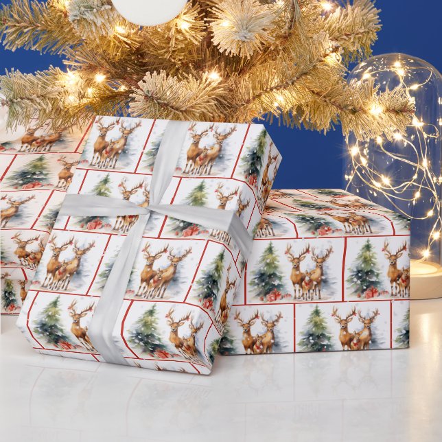 Watercolor Christmas Deer Family In Snowflakes Wrapping Paper (Holidays)