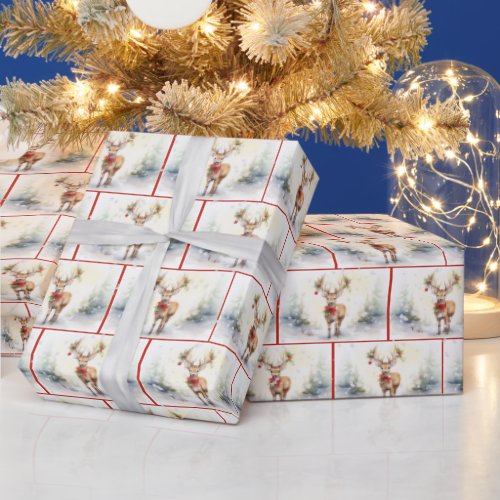 Watercolor Christmas Deer In Snowflakes Wrapping Paper