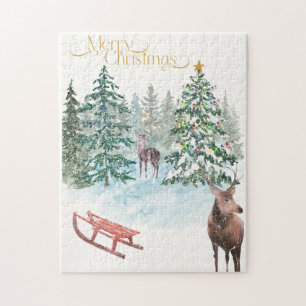 Watercolor Christmas Deer Puzzle