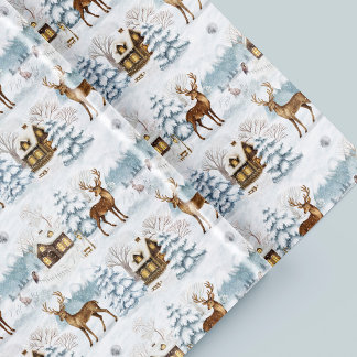 Watercolor Christmas Deer Snowy Village Winter Wrapping Paper