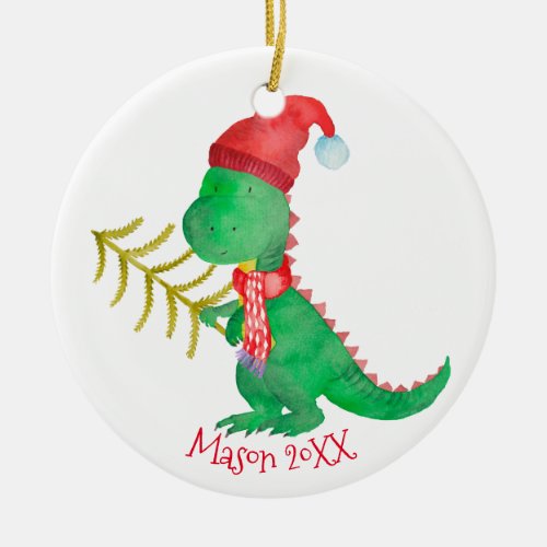 Watercolor Christmas Dinosaur Personalized Ceramic Ornament