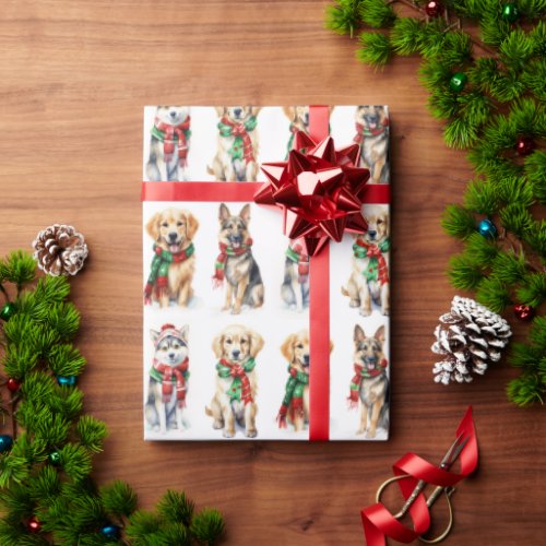 Watercolor Christmas Dogs On White Wrapping Paper