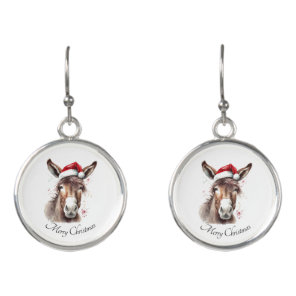 Watercolor Christmas Donkey Santa Hat Farmhouse Earrings