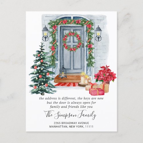 Watercolor Christmas Door  Moving Announcement Postcard