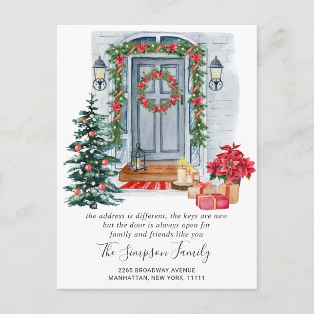 Watercolor Christmas Door  Moving Announcement Postcard (Front)