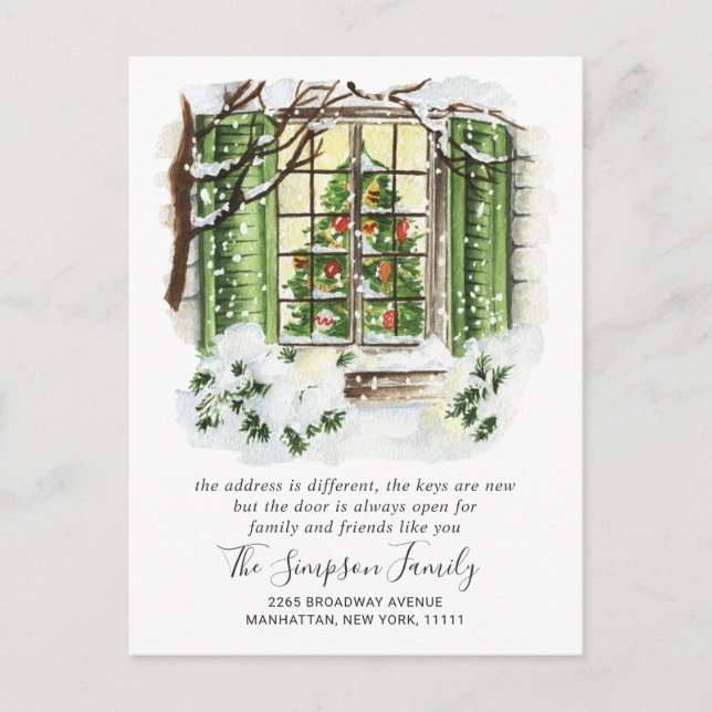 Watercolor Christmas Door  Moving Announcement Postcard (Front)