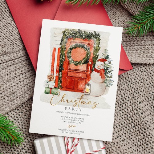 Watercolor Christmas Door With Snowman Party Invitation