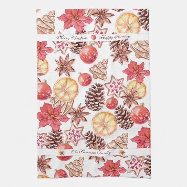 Watercolor Christmas Elements Seamless Pattern Kitchen Towel (Vertical)