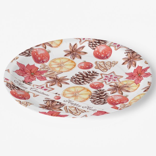 Watercolor Christmas Elements Seamless Pattern Paper Plates (Angled)