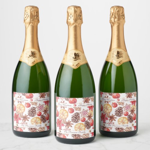 Watercolor Christmas Elements Seamless Pattern Sparkling Wine Label