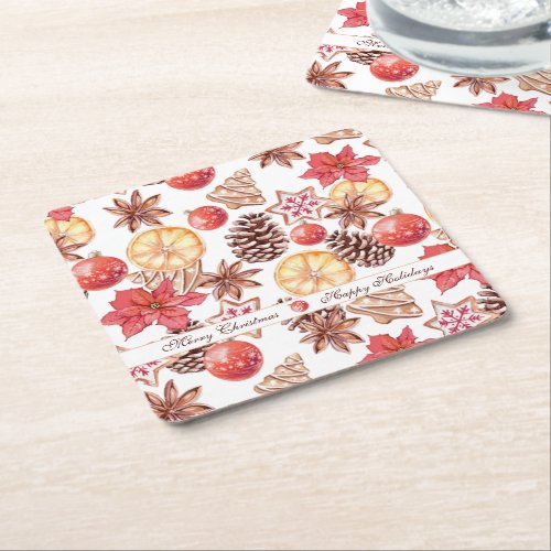 Watercolor Christmas Elements Seamless Pattern Square Paper Coaster