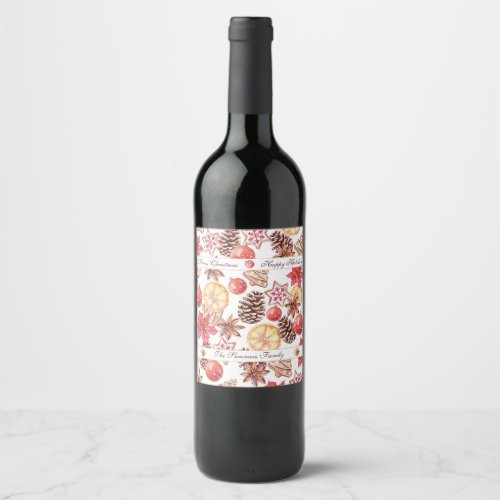 Watercolor Christmas Elements Seamless Pattern Wine Label