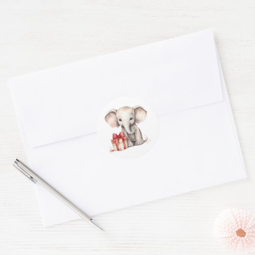 Watercolor Christmas Elephant With Gift Classic Round Sticker